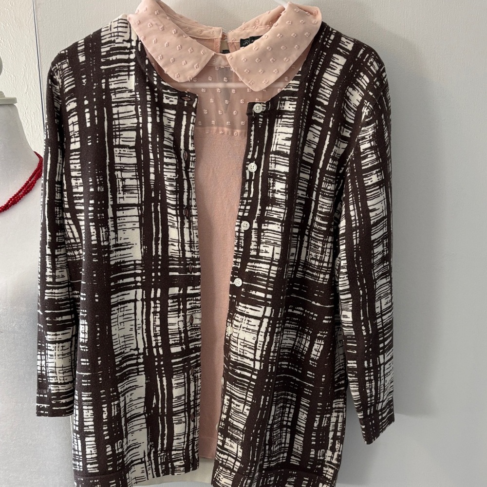Ann Taylor Brown and White Plaid Cardigan